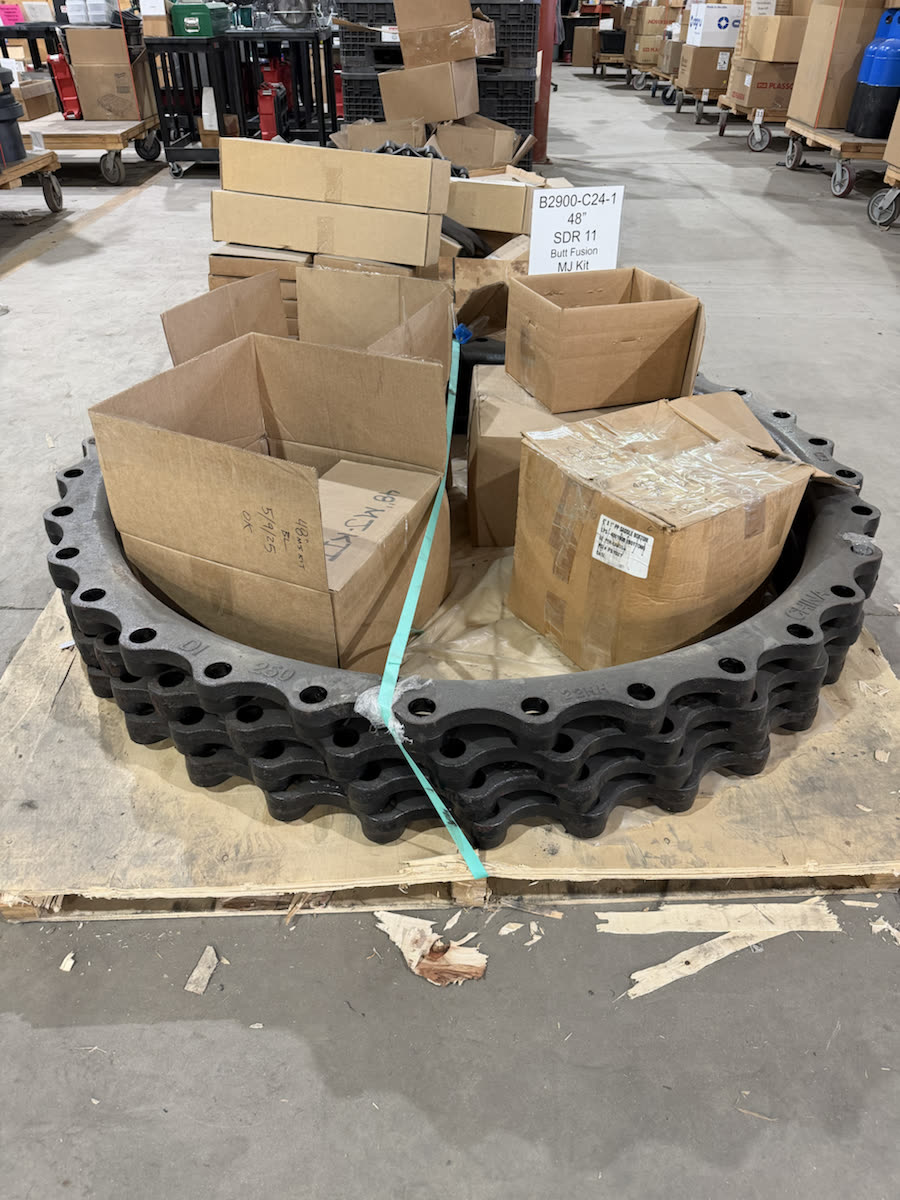 Large-diameter HDPE fitting staged for shipment